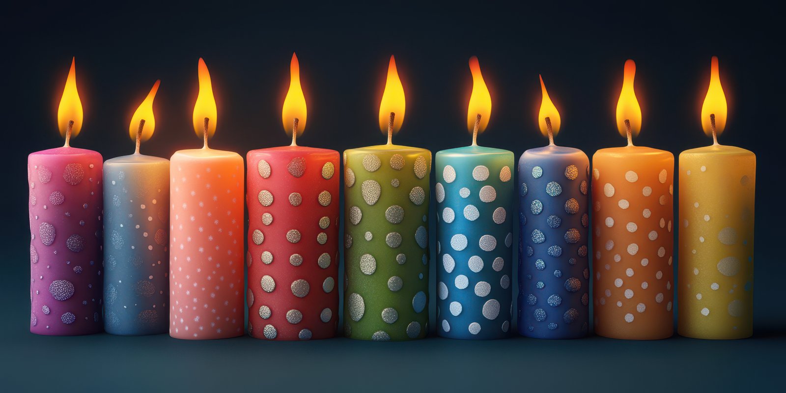 Colorful candles lined up in a row, illuminating a dark background with warm flames at a celebration